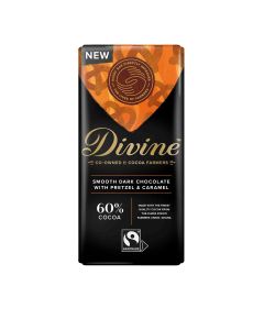 Divine Chocolate -  60% Dark Chocolate with Pretzel & Caramel - 15 x 90g