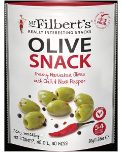 Mr Filbert's - Chilli & Black Pepper Green Olives - 12 x 50g 