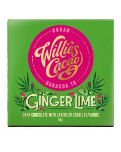 Willie's Cacao - Ginger & Lime; with Cuban 70% Dark Chocolate - 12 x 50g